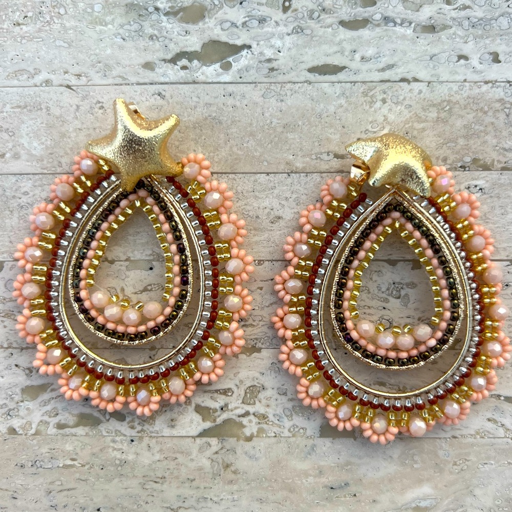 Handmade Colombian peach star Beaded Statement Earrings - Light Weight!